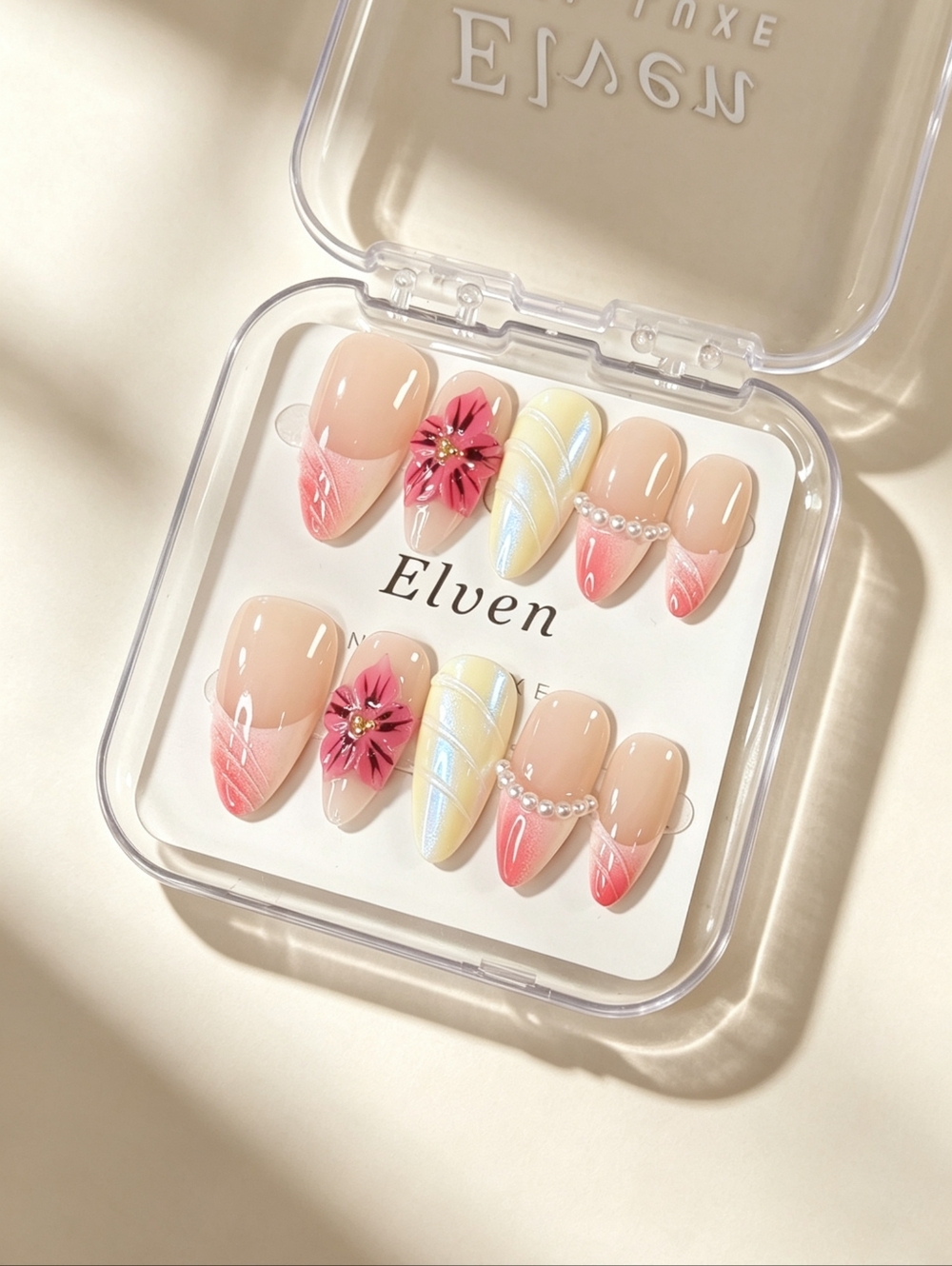 Pink and Cream Almond Shape Handmade Press On Nails Set